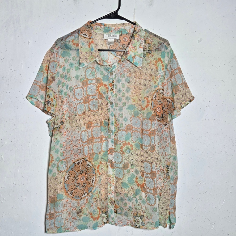 Christopher & Banks Sheer Button Front Top Plus 2X Boho Cottage Whimsical Artsy